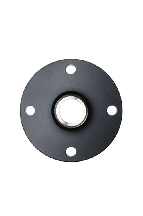 Schwarze Flanschreduzierung FG 80/2 von STIEBEL ELTRON (Artikelnummer: 205091) mit zentraler Öffnung und vier Befestigungslöchern.